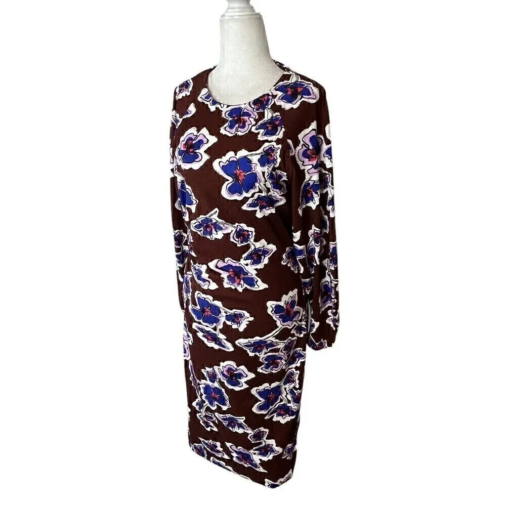 Tanya Taylor Brown Amara Floral Brown & Blue Midi Dress, 3/4 sleeves, Sz  Med